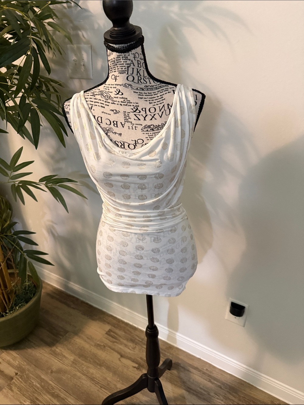 Charlotte Russe White Sleeveless Cowl Neck Tank with Gold Dot Accents